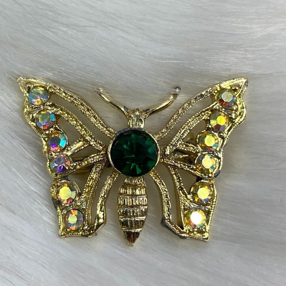 Vintage Rhinestone Green & Aurora Borealis Gold Tone Butterfly Brooch - Picture 2 of 5